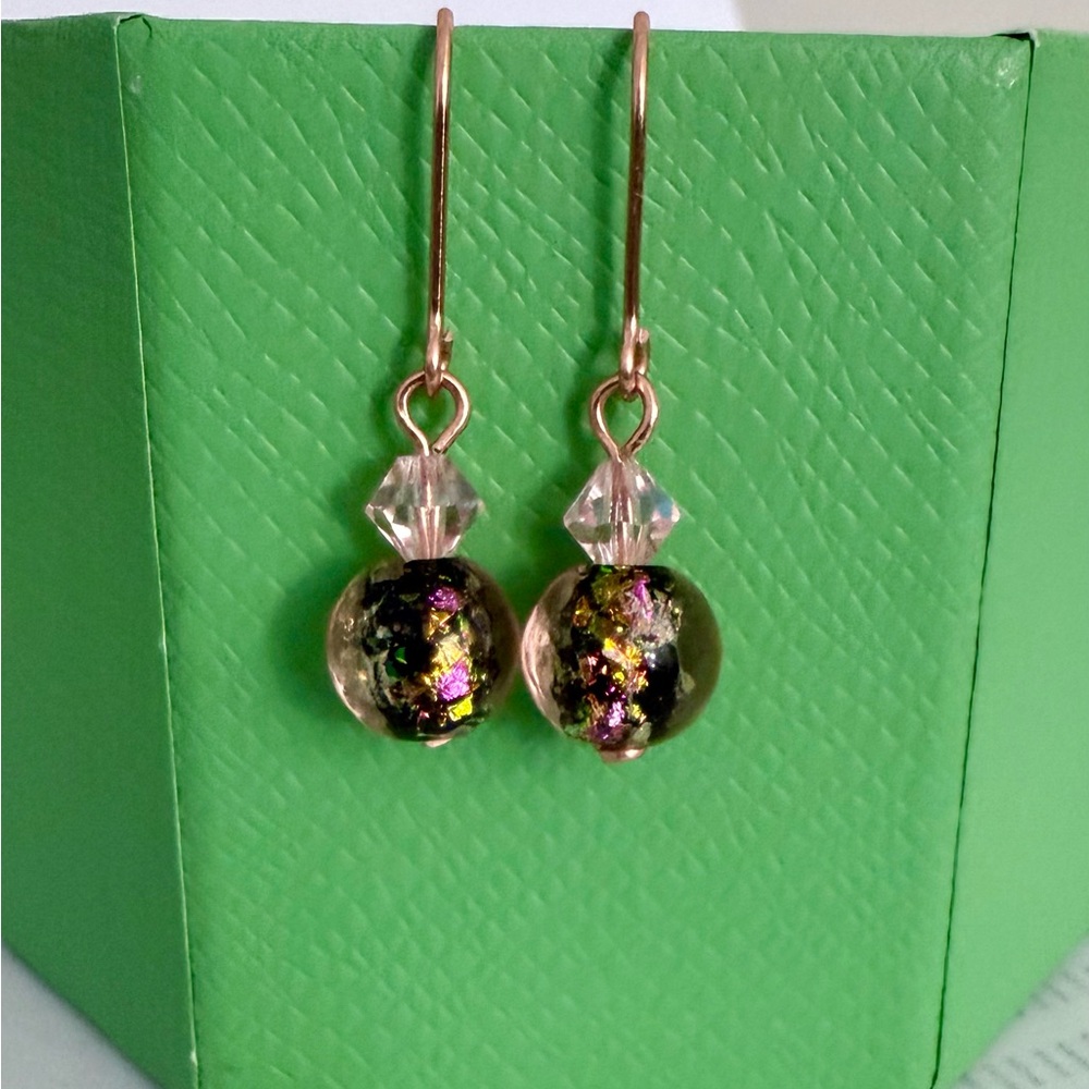 Murano Glass Metallic Confetti Bead Dangle Earrings Black Pink & Gold